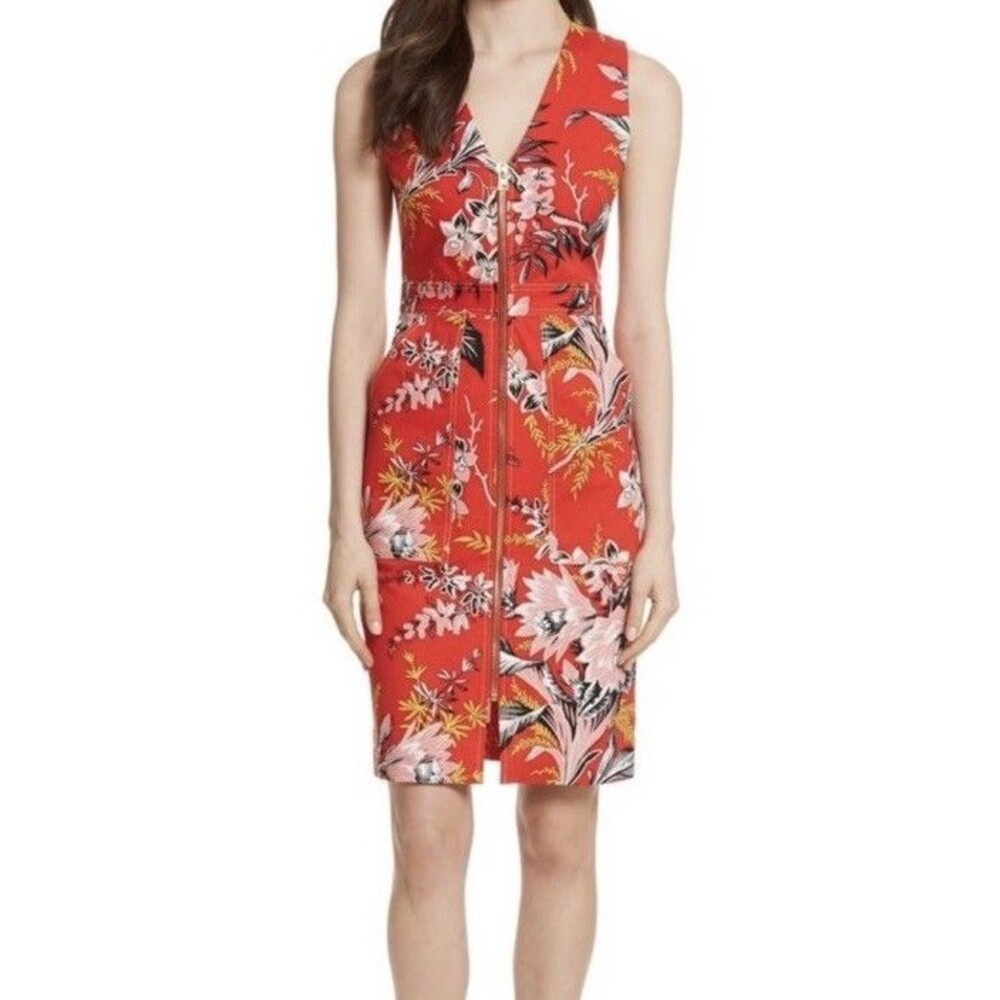 Diane Von Furstenberg DVF bright Red Floral Zip Front Dress Sz 4